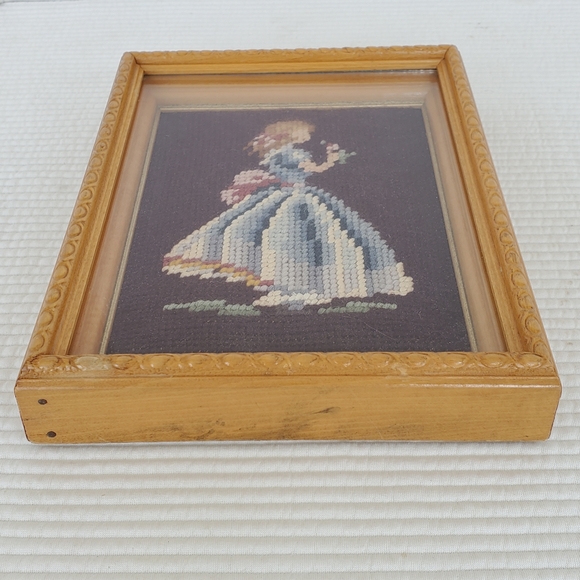 Embroidered Crinoline Lady Tapestry 9x7 Glass Framed Handmade Dress Cottagecore - Picture 6 of 7